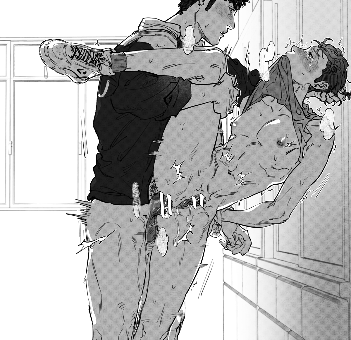 the image is a monochrome drawing, possibly from a manga or graphic novel, depicting two shirtless men in a very intimate and suggestive embrace against a school hallway wall. one man is holding the other tightly. their bodies are pressed together, and the scene strongly implies a sexual encounter. the artwork has a rough, dynamic style with intense line work and shading. there are stylistic elements and sweat marks that add to the dramatic and intense feeling of the image.  the background shows a simple school hallway with lockers and a window. the overall style and subject matter align with yaoi genre.