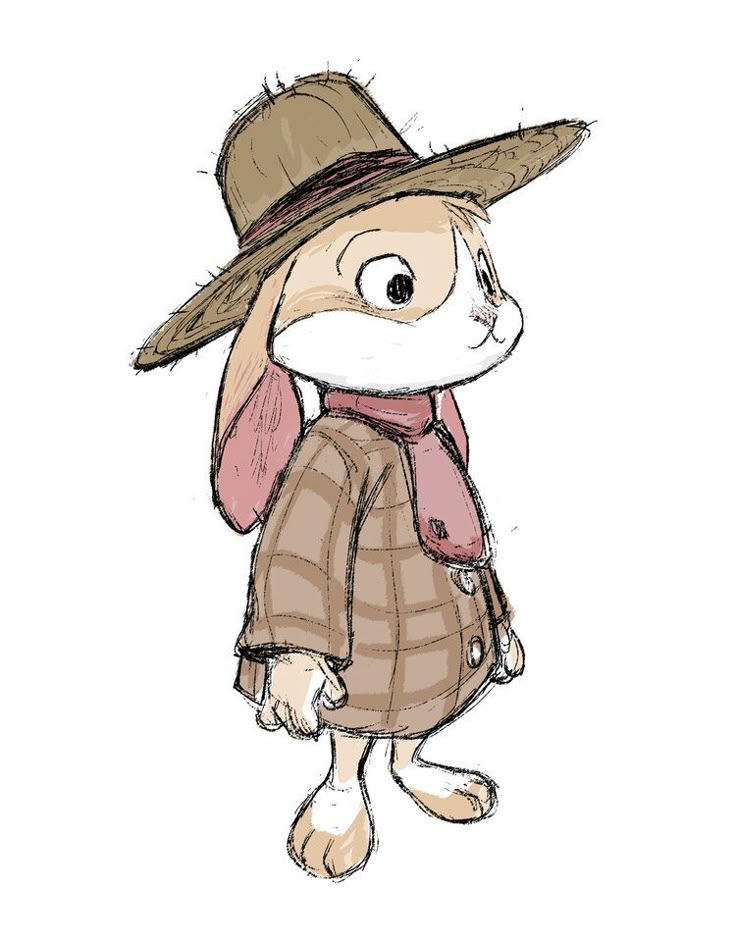 a cartoon illustration of an anthropomorphic rabbit wearing a hat, scarf, and coat. the rabbit has a lightcolored face and body, with pink ears and a brown hat. the scarf is pink and the coat is brown plaid. the rabbit is standing on its hind legs.