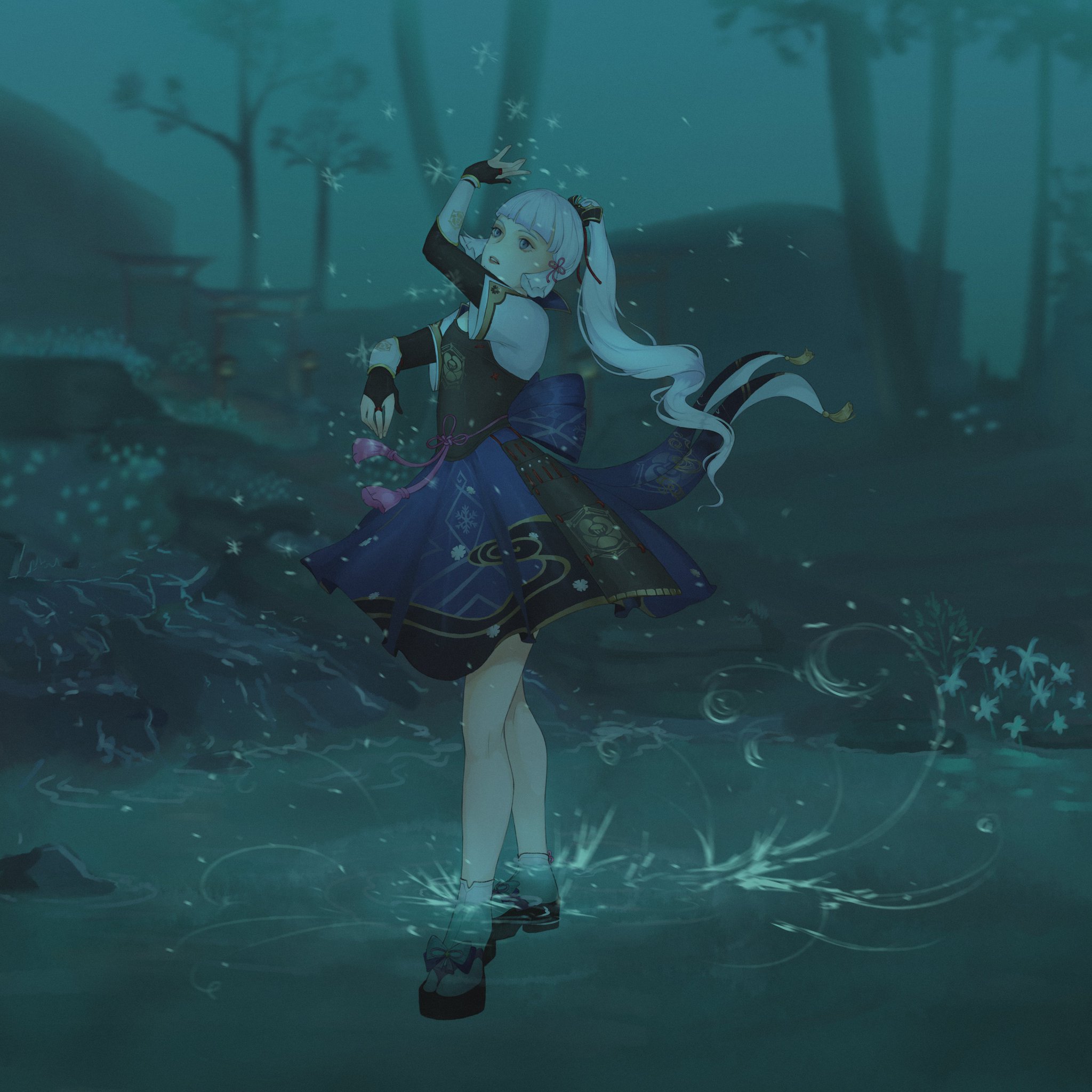 a young woman with long white hair wearing a blue dress with white accents stands in a mystical forest at night. she is surrounded by glowing light and sparkles, as if floating on water, and the air is filled with magic.