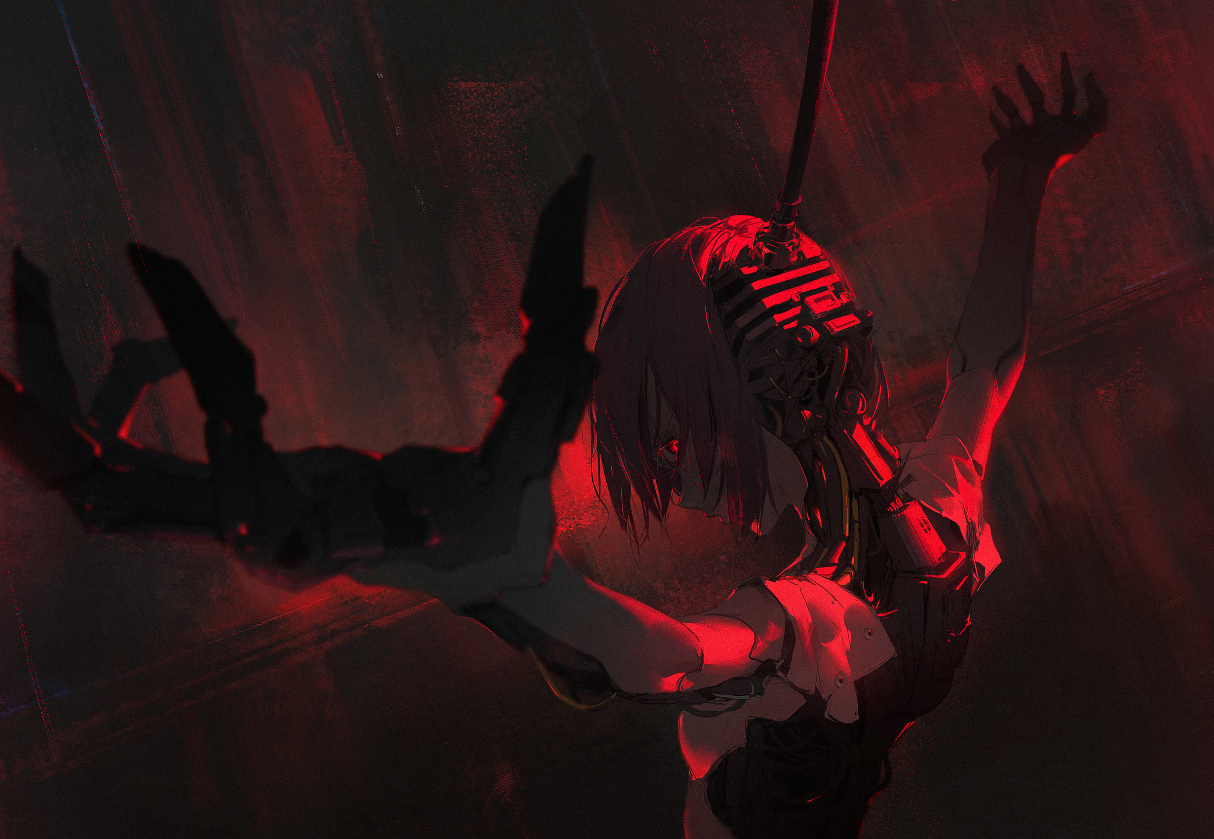 this is a digital art image of a female cyborg. the cyborg is depicted in a dark, redlit environment and is looking towards the left side of the frame. her left arm and hand appear to be robotic, while her right arm appears to be flesh and bone. the cyborg is wearing a futuristiclooking outfit and has her hair pulled back from her face, revealing a mechanical device attached to her head. the image has an eerie and mysterious feel to it.