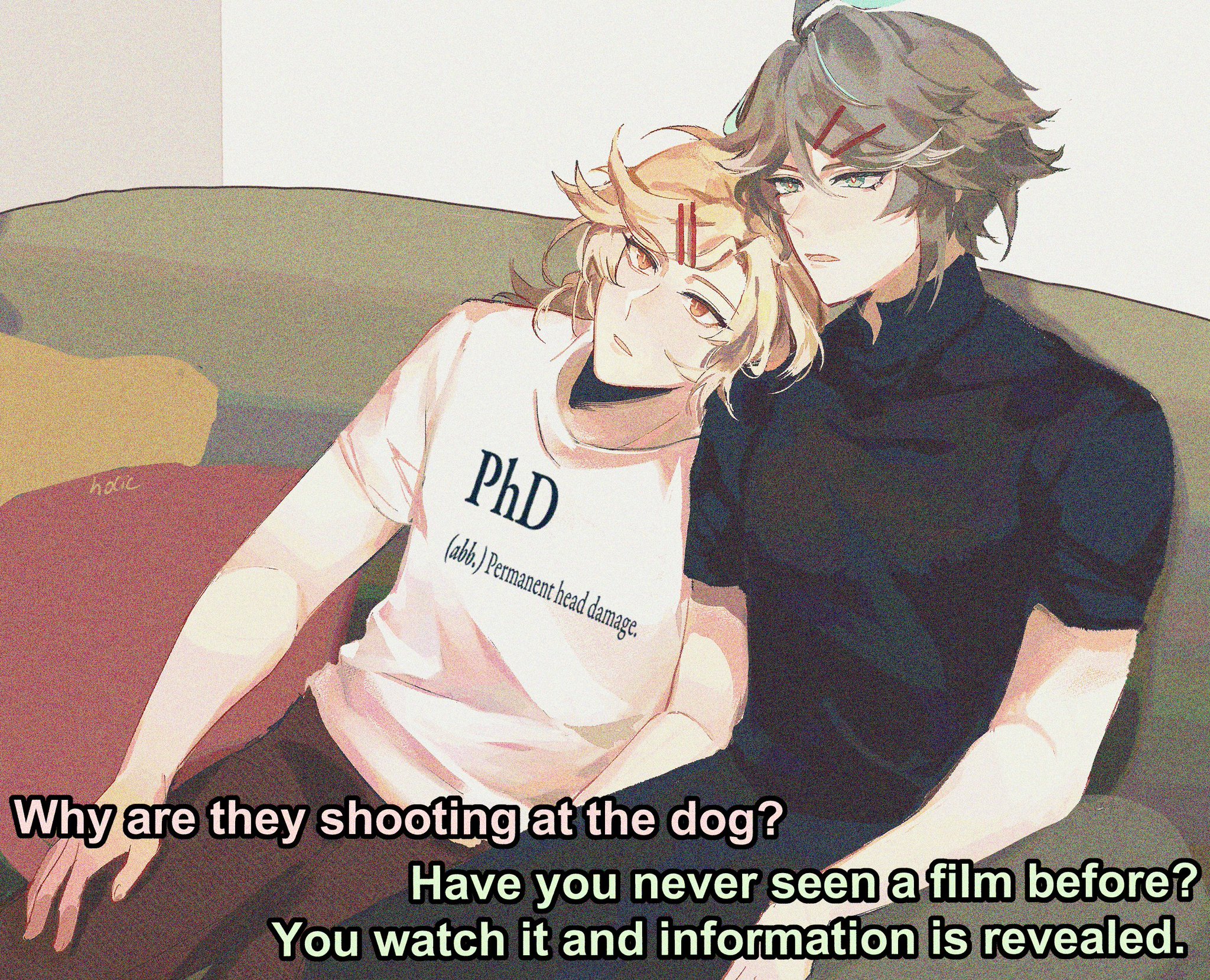 a cartoon image depicts two men sitting on a couch, with one wearing a tshirt that says "phd (abb.) permanent head damage." a conversation about a film plays beneath them.
