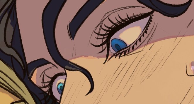 the image shows a closeup, stylized artwork of a human face, specifically focusing on the eyes, eyebrows, and eyelashes. the person has blue eyes, dark eyebrows, and long eyelashes. the skin has a tan or warm tone. the image has a cartoonish or illustrative style with distinct lines and shading.