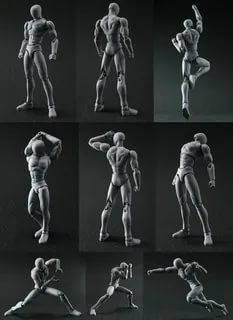 this is a collection of nine images, each featuring a different pose of a male human figure. the figures are all in various dynamic positions, demonstrating different poses and movements. these images are ideal for artists who are studying human anatomy, form, and pose. they provide valuable visual references for sketching, drawing, and sculpting. the stark, minimalist style emphasizes the anatomy and form of the human body, making these images both useful and aesthetically pleasing.