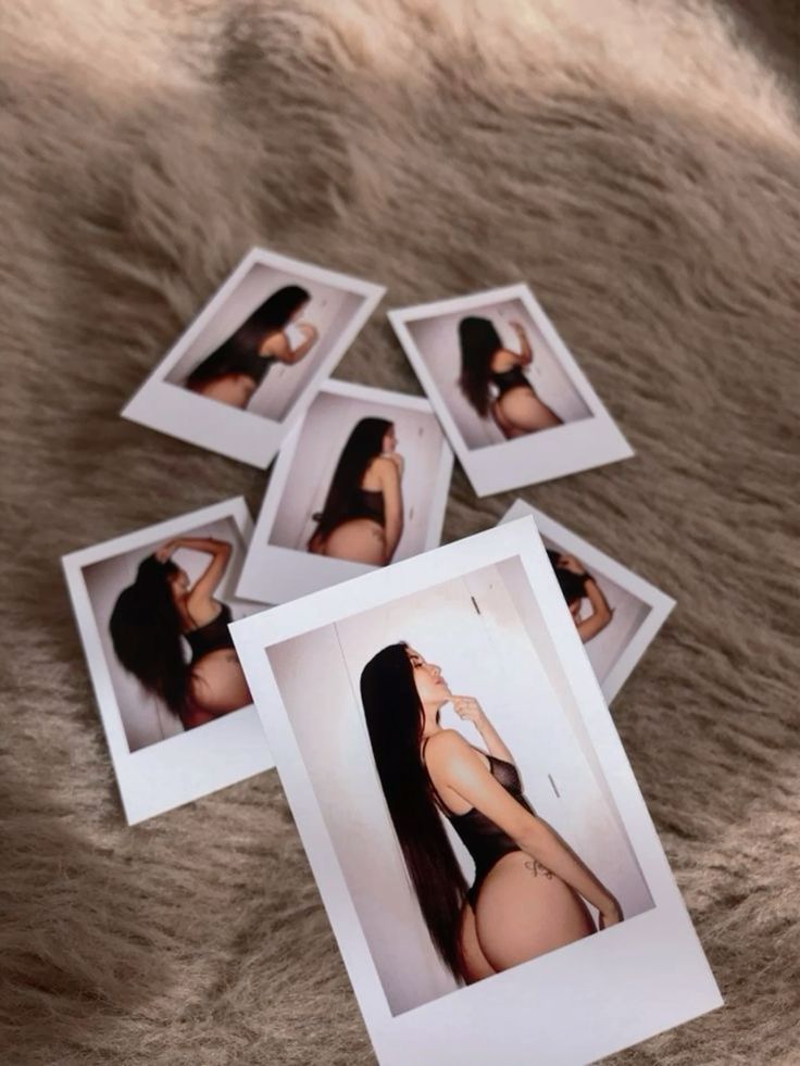 the image shows several polaroidstyle photos scattered on a fluffy, light brown surface that appears to be a faux fur blanket or rug.  each photo depicts a young woman with long dark brown hair, posing in various positions while wearing black lingerie or a black bodysuit. the photos are slightly out of focus and are presented in a casual, intimate style. the overall mood is sensual and suggestive, with the focus on the model's body and poses. the photos are presented in a somewhat haphazard manner, giving the impression of a personal collection or scrapbook.