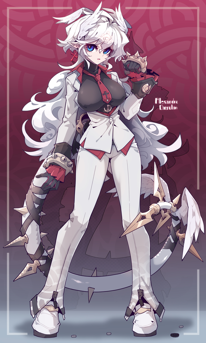 a fullbody anime illustration of a woman with white hair and blue eyes. she has elflike ears and a marking on her forehead. she is wearing a white suit with red accents and a dark shirt with a red tie featuring an anchor symbol. she wears spiked gloves and has a tail with spikes and winglike features. she is wearing white heels. the artist's signature "alexandra cherubin" is visible in the image. the background is a faded red with abstract patterns.