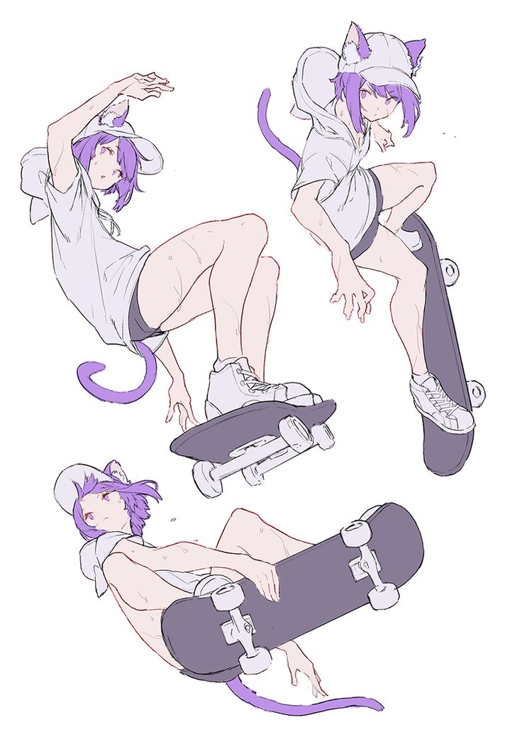 the image shows three anime girls with purple hair, cat ears, and tails riding skateboards. they are all wearing white hoodies. the girl in the middle is facing forward and is about to jump onto her skateboard, while the other two girls are riding their skateboards.