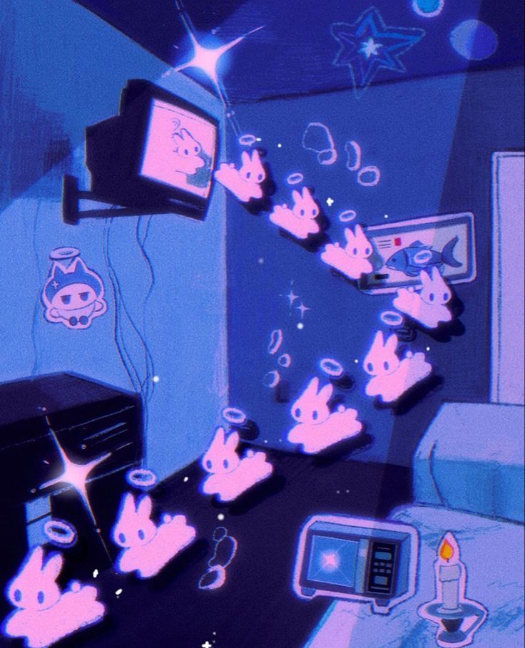 the image is a cartoon illustration of a bedroom with a pink bunny flying through the air. the bunny is surrounded by haloes and stars. there is a tv in the background, a microwave, and a candle.  the room is painted blue and the illustration is done in a cartoon style. the sky outside the window is blue and there are stars in the sky.