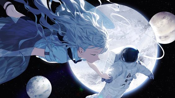 the image shows a young woman with long, flowing blue hair, floating in space. she is wearing a blue and white dress and is reaching out to an astronaut in a white spacesuit. the astronaut is facing the viewer and is also reaching out to the girl. they are surrounded by stars and planets, including a large, bright moon in the background.
