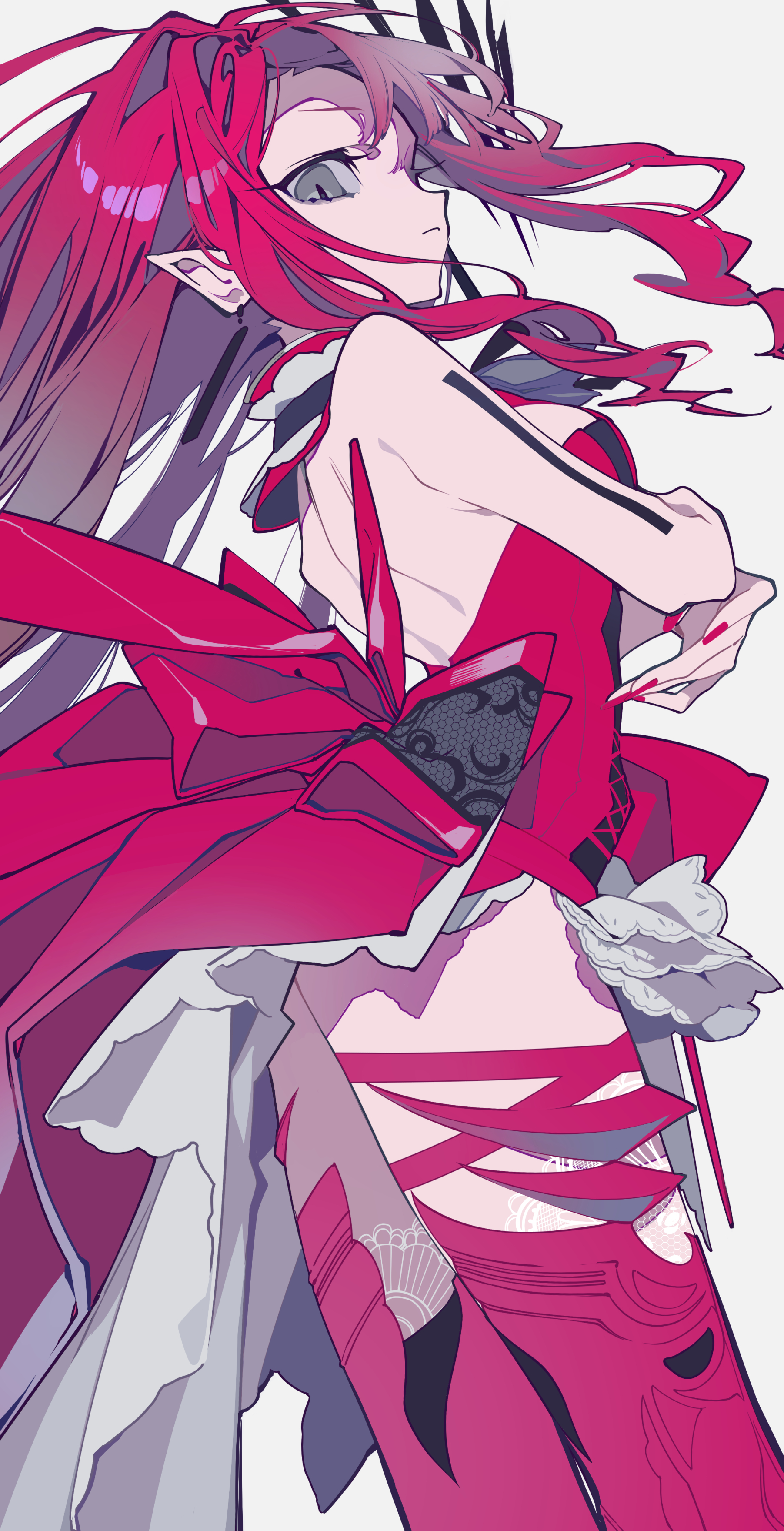 an anime style illustration depicts a slender figure with striking red hair and pointed elf ears, adorned with a dark crown. she is dressed in an elaborate red dress, accentuated by a large ribbon at the back. the figure possesses pale skin and captivating gray eyes, completing the ethereal and elegant aesthetic.