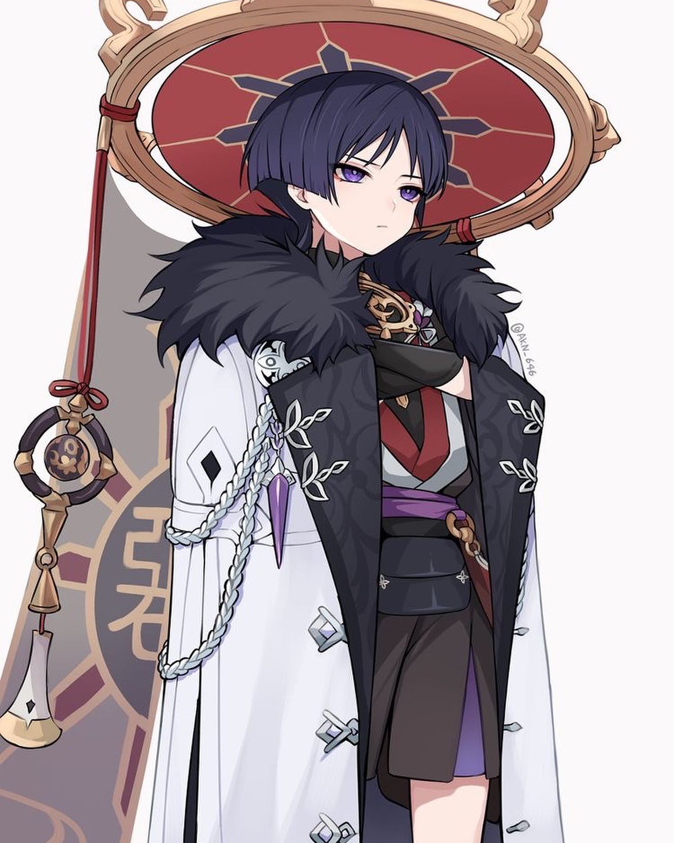 he image is a digital drawing of a stylized anime girl. she has dark purple hair, purple eyes, and is wearing a very elegant outfit consisting of a long white coat, a black kimonostyle inner garment, and various accessories like a large hat with a red center, a long chain with a purple pendant, and ornate detailing on her clothing. the style is detailed and very much in the style of anime artwork.  the overall mood is one of elegance and mystery.