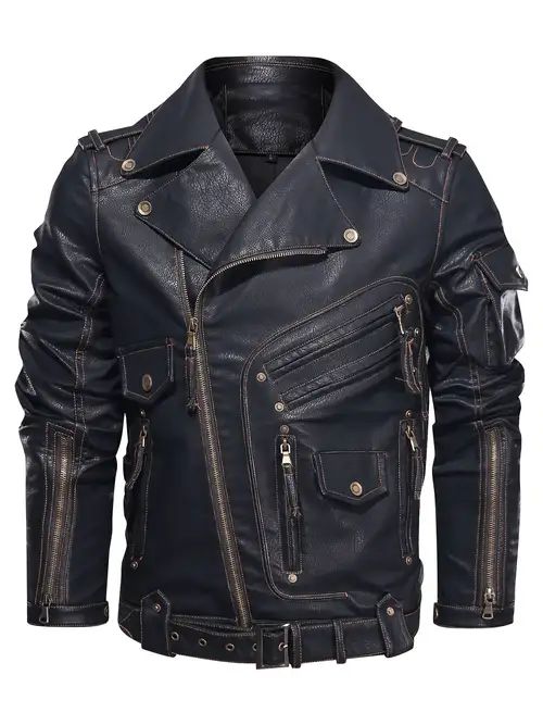a black leather bikerstyle jacket for men, featuring a collared design, zipped pockets, buttoned pockets, and a belt at the bottom. the jacket is prominently displayed against a white background.