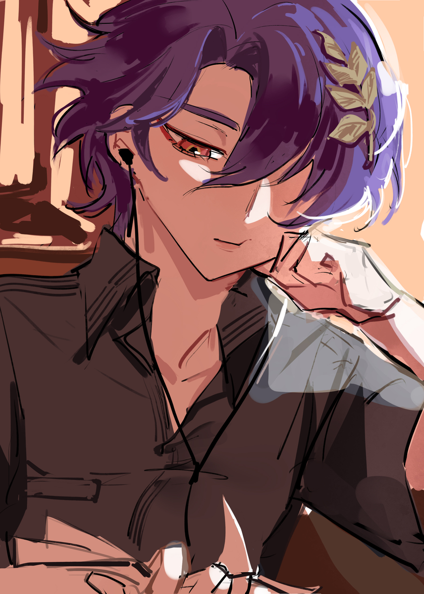 a closeup of an anime boy with purple hair wearing headphones and a brown shirt. he's looking down at something and has his hand on his chin. he has a book and glasses in front of him.
