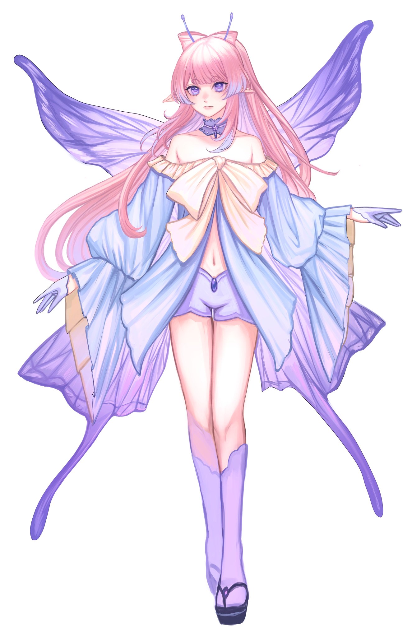 the illustration depicts an anime girl with long pink hair styled in a ponytail. she has large, expressive eyes and a gentle smile. she's dressed in a light blue and white outfit, with a delicate bow adorning her chest, and she's wearing purple boots and sandals. she has large, iridescent butterfly wings that are a mix of purple and pink, adding to her ethereal appearance. the illustration is done in a delicate style with soft colors, creating a whimsical and enchanting atmosphere.
