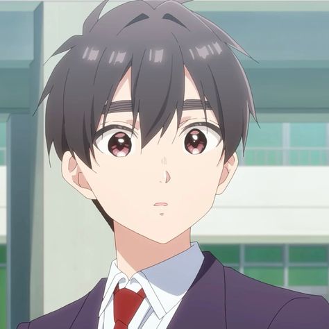 a closeup portrait of an anime boy. he has short, dark brown hair with a thick fringe. his eyes are large and red. he's wearing a white collared shirt with a red tie and a dark blue blazer. the background is a blurry depiction of a school hallway.