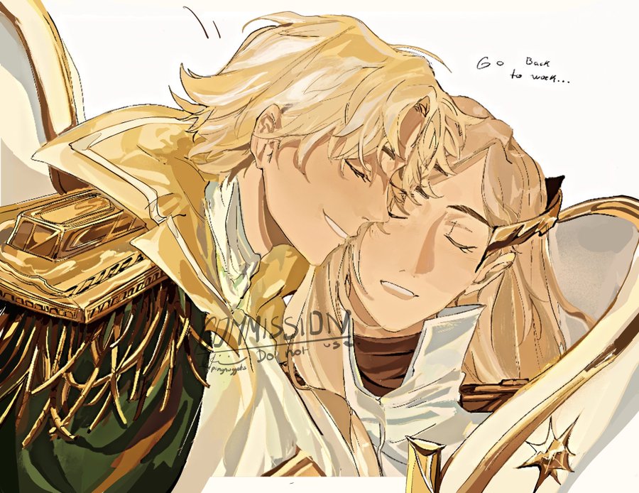 an animestyle illustration depicts a tender moment between two characters. a young man with golden hair, dressed in an ornate militarystyle uniform