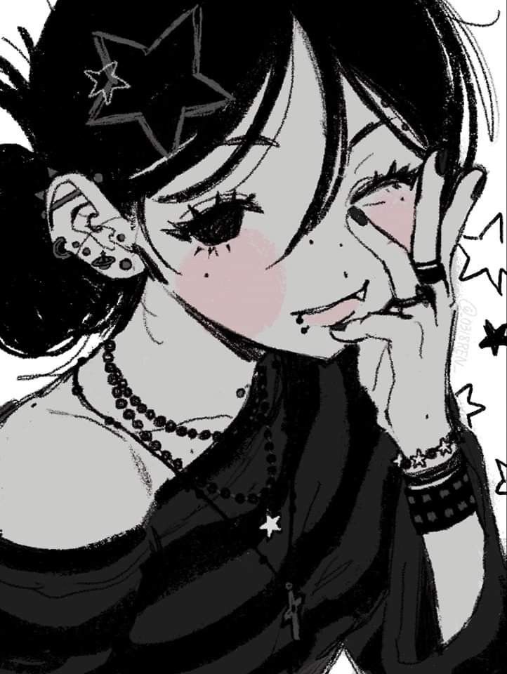 the image is a stylized black and white illustration or drawing of a young anime or mangastyle girl. she has dark hair, bangs, and is adorned with various goth/punk accessories such as piercings, a necklace with a cross pendant, bracelets, and a starshaped hair clip.  her expression is playful and slightly mischievous; she's winking and has her hand partially covering her face. the art style is somewhat rough and sketchy, giving it a slightly edgy yet cute aesthetic. the overall tone is dark and moody, consistent with emo or goth subcultures.
