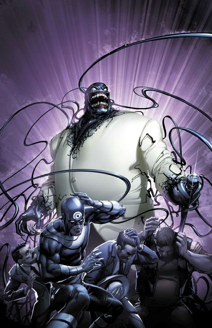 a comic book image of venom, in a black suit, engulfing a man in a white suit.  he is surrounded by a crowd of scared people who are running away.  in the foreground, a man in a black suit is about to attack the man in the white suit.