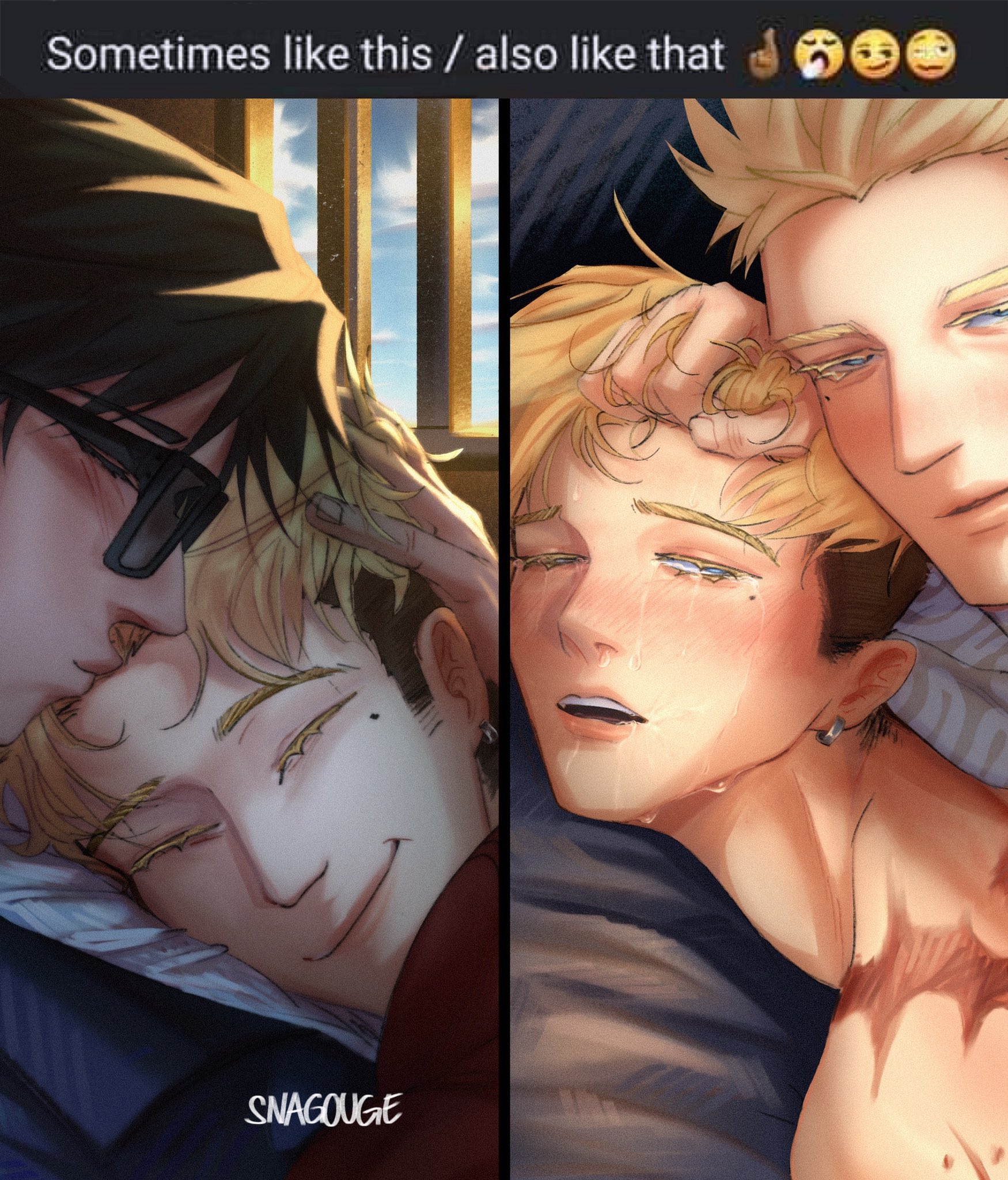 this image is a digital drawing of two anime boys, one with black hair and blue eyes and the other with blond hair and green eyes. they are hugging each other, and the blond boy is crying while the blackhaired boy is smiling. they look like they are in a romantic relationship. the background is a blurry image of a window with sunlight streaming in. the drawing is done in a colorful and expressive style. the title of the image is "sometimes like this/also like that", which suggests that their relationship is complex and that they experience both happy and sad moments together. the overall tone of the image is romantic and bittersweet.