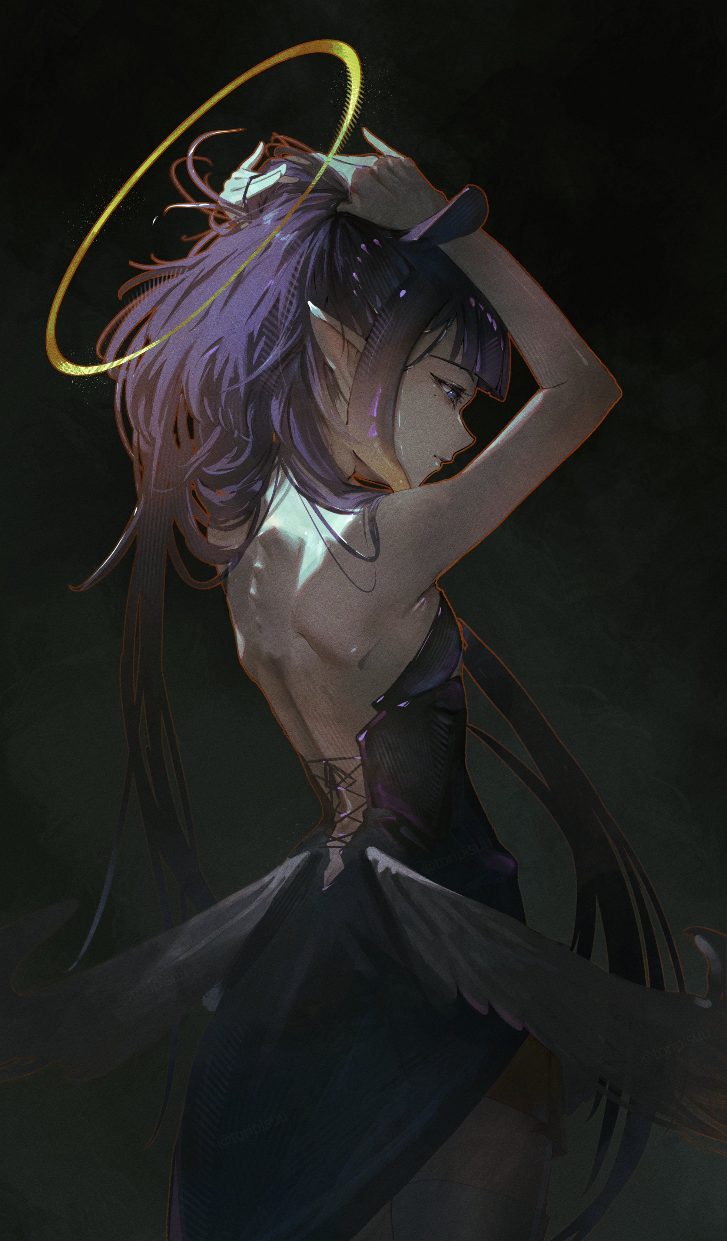 the image showcases an animestyle illustration of a young woman with long purple hair. she is dressed in a dark, elegant dress that reveals her back, hinting at a possible winglike feature. a golden halo hovers above her head, adding a mystical element to the scene. the artwork's overall style is artistic and painterly, with soft lighting and a dark, mysterious background. the woman's pose is graceful and suggestive of movement, enhancing the ethereal quality of the piece.