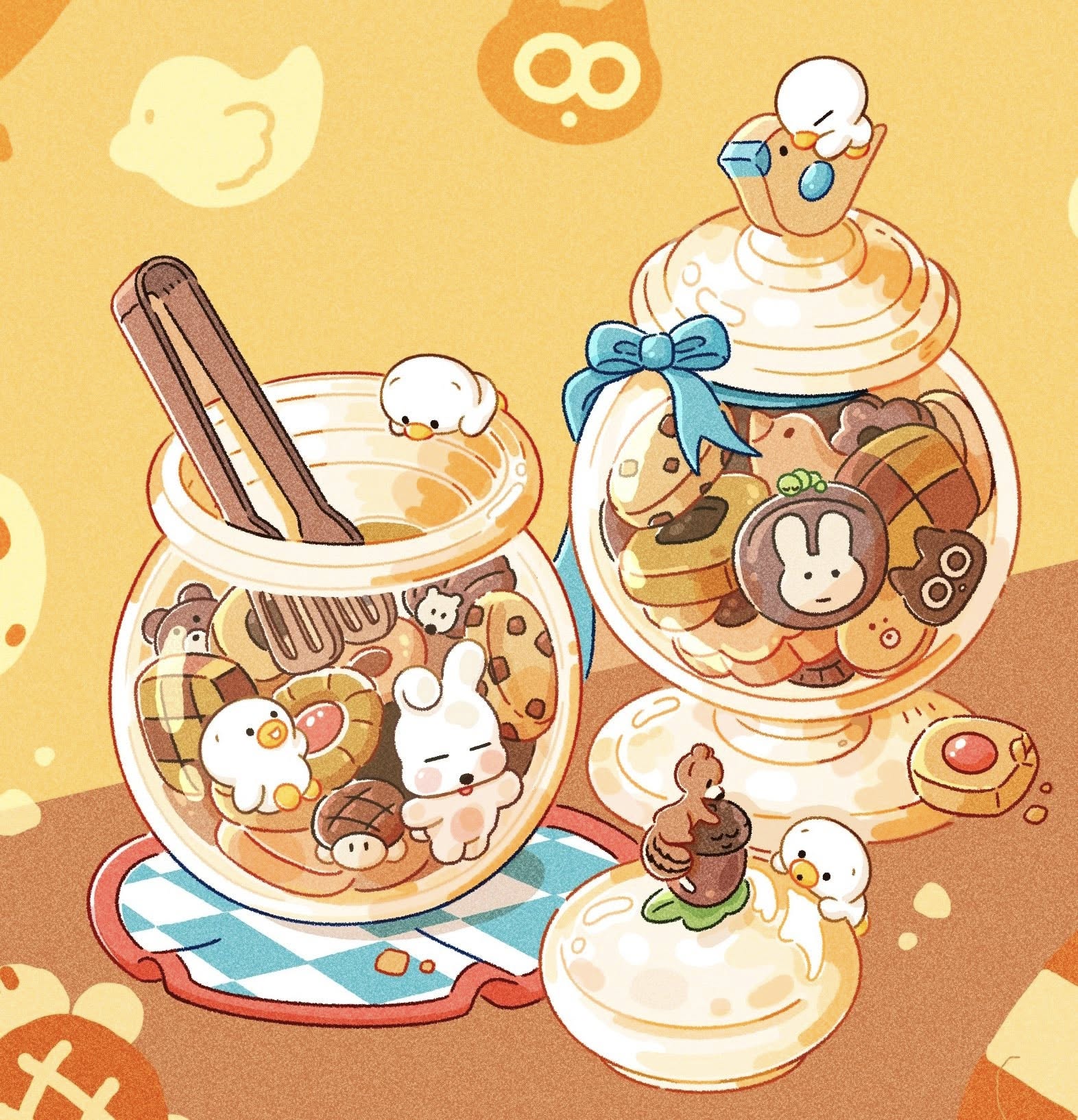 the illustration depicts two glass jars brimming with an assortment of adorable, cartoonish cookies.  one jar is taller and more elegant, perched on a pedestal, while the other is shorter and rounder. both are filled with various cookies shaped like animals (bunnies, bears, birds), and other classic shapes.  tiny, cute cartoon birds are perched on the jars and near them. a pair of cookie tongs rests in the shorter jar. the overall style is cute, whimsical, and pasteltoned. the setting suggests a cozy, sweet scene.