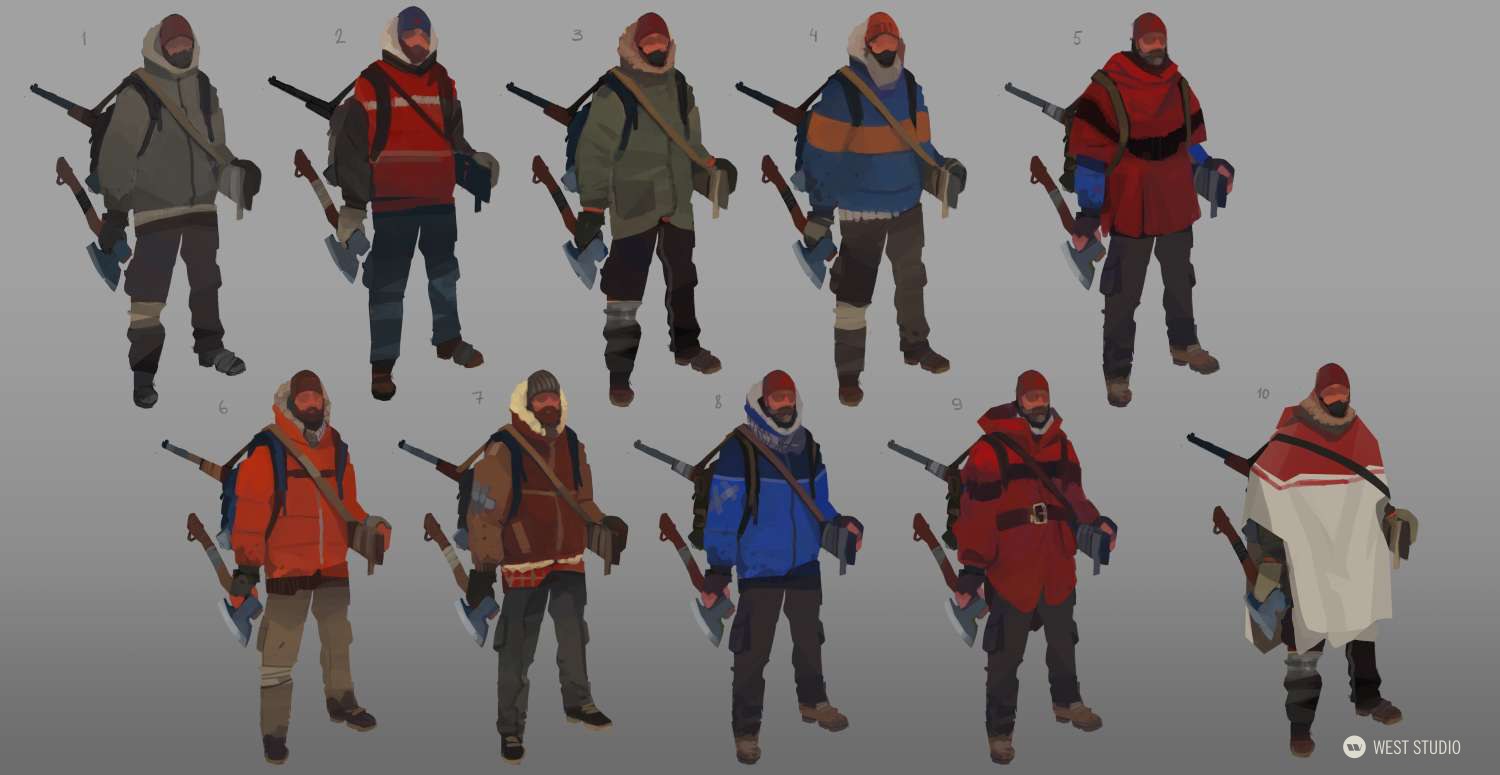 the image showcases ten different outfit variations for a male character, likely designed for a video game set in a cold environment.  each outfit consists of layered winter clothing, often paired with an axe and a rifle. he wears a beanie in every variation.