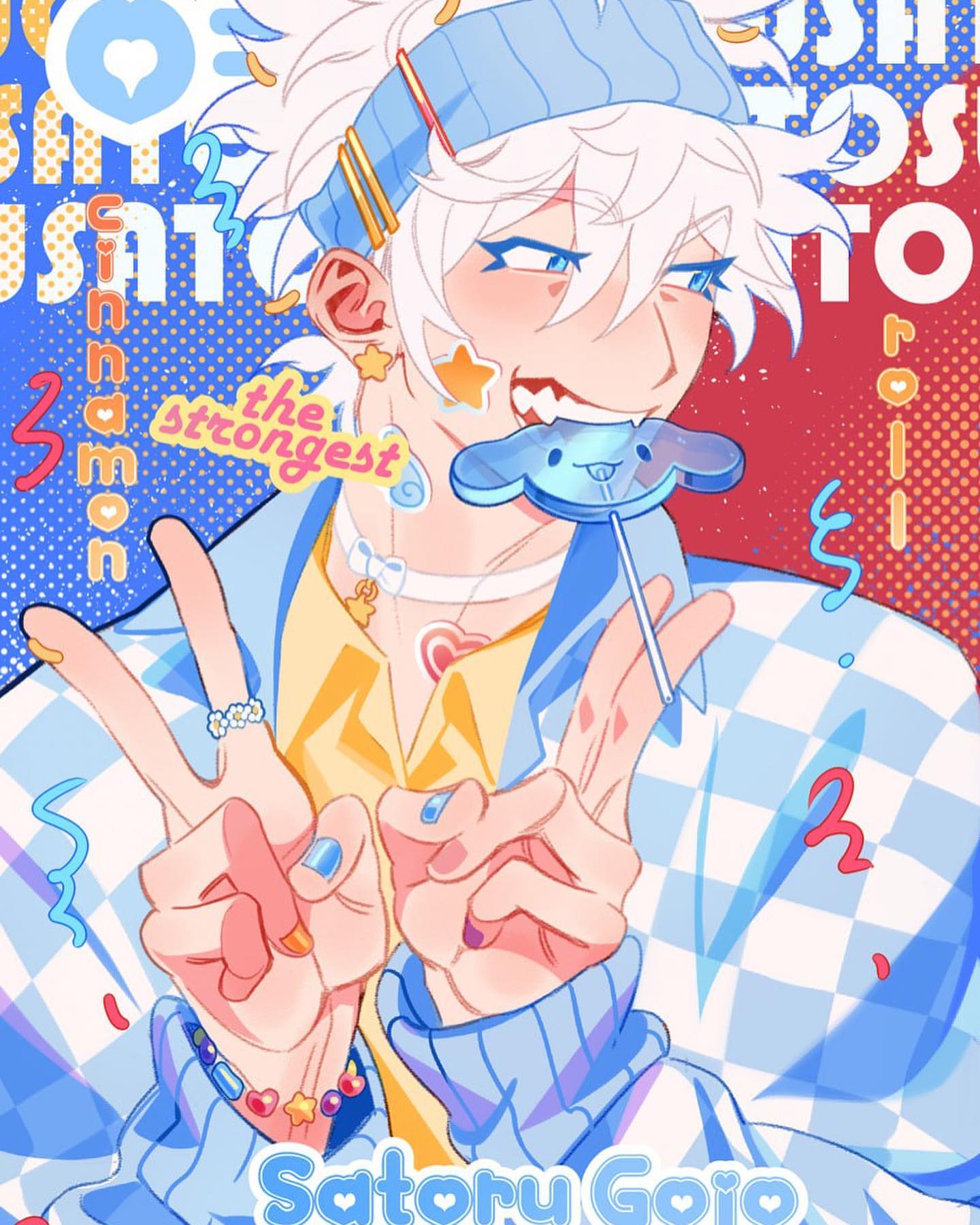 the image is a vibrant, stylized digital fanart of satoru gojo from jujutsu kaisen. he is depicted as a cheerful young man with white hair, a blue headband, and a pastelcolored outfit featuring a checkered shirt.  he's making a peace sign with both hands, and is holding a cloudshaped lollipop. the art style is cute and playful, with a pastel color palette and various decorative elements like stickers and jewelry. the background features a bold color scheme and text that seemingly refers to the character. the overall impression is one of lightheartedness and fan appreciation.
