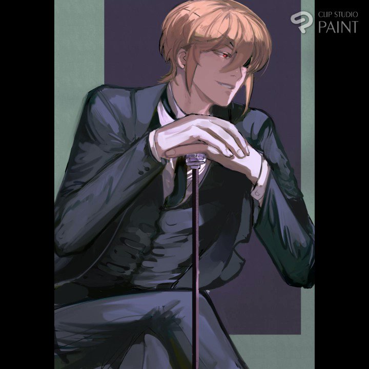 this is a digital art illustration of an anime man with blond hair sitting down, wearing a suit. he is holding a cane in his hands and looking down, with a serious and elegant expression. he is portrayed as fashionable and stylish.