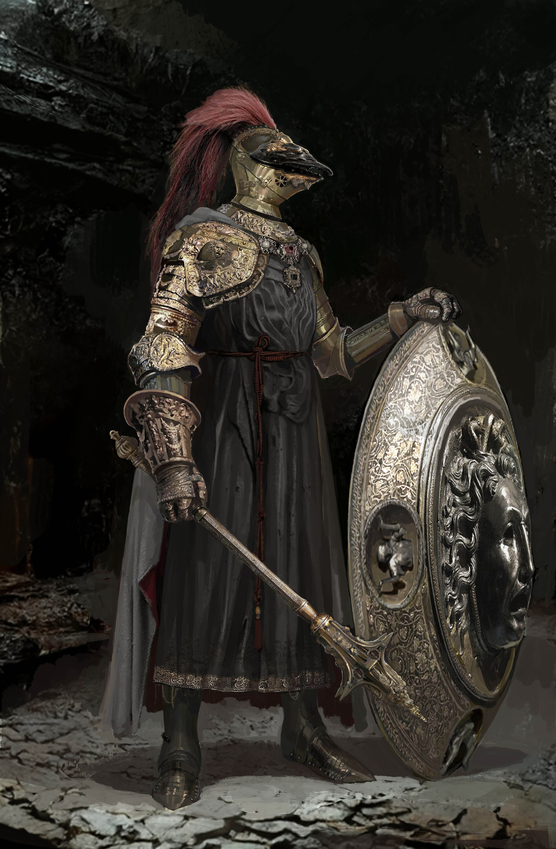 a digitally painted illustration of a knight in ornate armor stands holding a large shield and a bardiche weapon. they are in a dark, dungeonlike environment and face the viewer's left. the knight's armor is gold with intricate carvings, and they wear a long, dark grey surcoat with a red lining. their helmet is shaped like a bird's head with a long, flowing red plume. the large shield is decorated with an image of a gorgon's head. the background is dark and atmospheric.