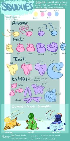 a digital drawing on a white background showing a character design guide titled "squixies" for jellylike fairies. the sheet is broken down into sections: antenna, neck, tail, extras (horns, shell, wings), and common squix examples. each section shows variations of each body part. three examples of squixies are shown at the bottom of the sheet.