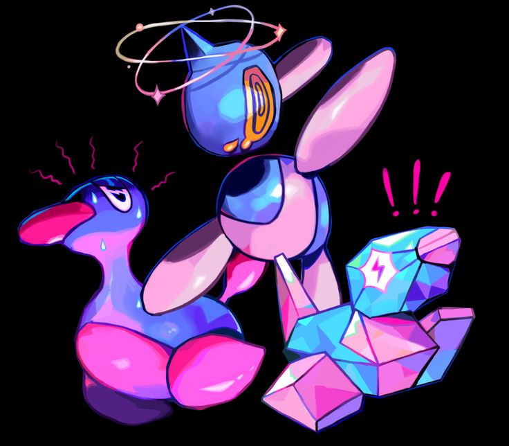 this vibrant digital fanart depicts three stylized pokémonlike creatures.  one appears dizzy, spinning with small stars around its head, it's primarily blue and pink. another, a ducklike creature, looks distressed with sweat drops. the third is a crystalline rocklike pokémon, seemingly glowing with energy. the artwork is characterized by bold outlines, bright neon colors, and an energetic composition.  the style is playful and whimsical, hinting at a cartoon or anime aesthetic.