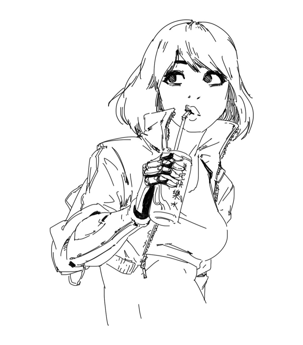 a black and white line drawing of a young animestyle girl with short bobbed hair. she is wearing a zipup jacket and has a robotic arm. she is holding a can with a straw and seems to be in thought. the style is loose and sketchy, reminiscent of manga or comic book art.