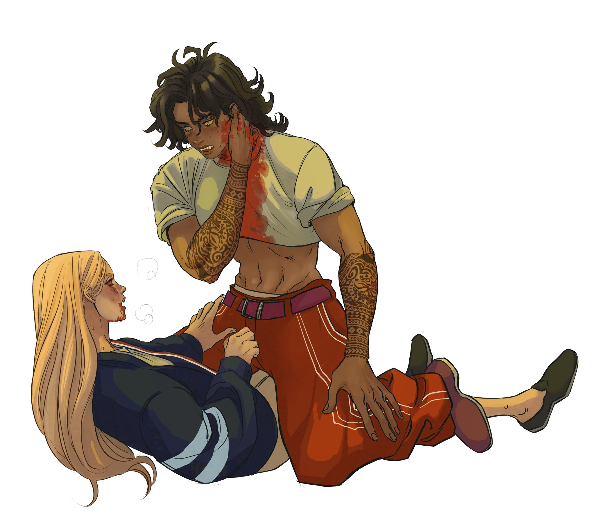 an illustration depicts a scene involving two figures, one with dark hair and tattoos, kneeling over another with blonde hair who is lying down. both figures have blood on their faces and necks, suggesting a vampire theme. the figure with dark hair has blood smeared on their hands and neck, wearing a white cropped shirt and red pants. the blonde figure lies down in a navy and white shirt. the darkhaired figure's pose and expression convey concern or intensity toward the blonde figure.