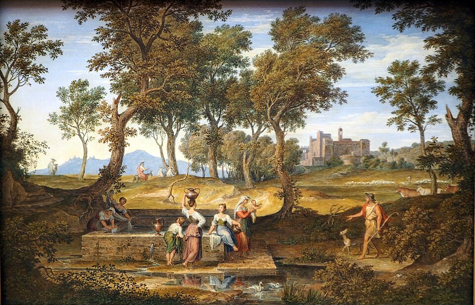 a classical landscape painting depicting a pastoral scene with a castle in the background. several women and children are gathered around a stone fountain, with some filling jugs with water. a hunter with a dog stands to the right. sheep and cattle graze in the distance near the castle. trees frame the scene, and the sky is filled with clouds.