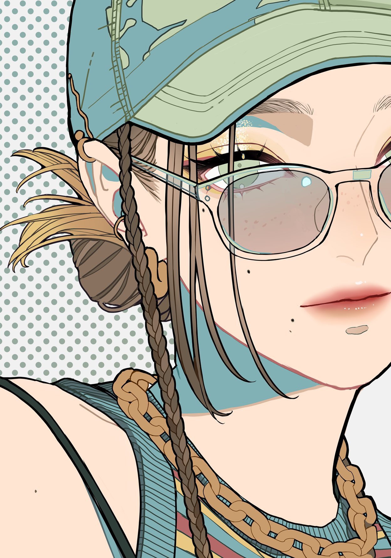 a closeup illustration of a stylish woman or girl. she is wearing glasses, a hat, and has a braid in her hair. she is wearing a casual outfit with jewelry and sunglasses. the artwork is colorful, modern, and trendy, giving it a cool and artistic feel. the background is a subtle dotted pattern.