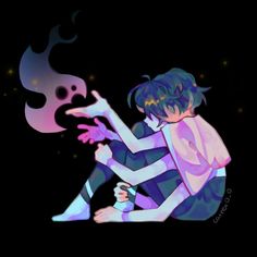 a person with blue hair sits with their legs crossed and their back to the viewer, their arms crossed in their lap. they are interacting with a purple and pink flame in front of them. the style of the image is cartoon.