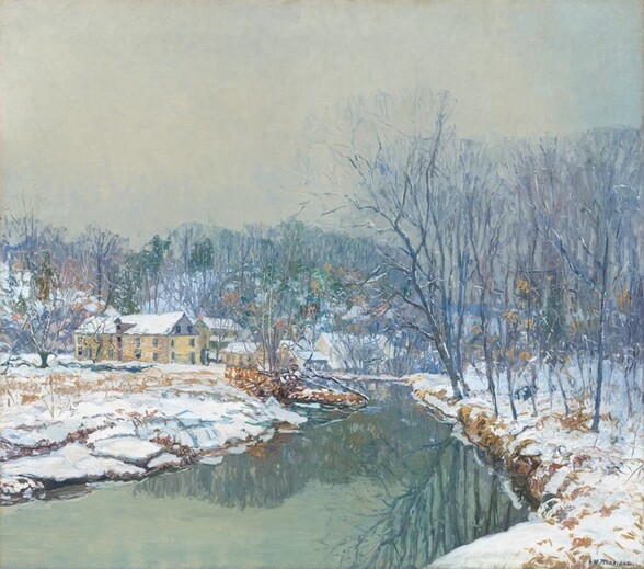 the painting depicts a winter scene with a river flowing through a snowy landscape. a yellow building sits on the left bank, while bare trees line the river's edge and stretch into the distance. the sky is overcast, and the scene is covered in snow. the river reflects the trees and sky, creating a sense of depth. the style is reminiscent of watercolor painting.
