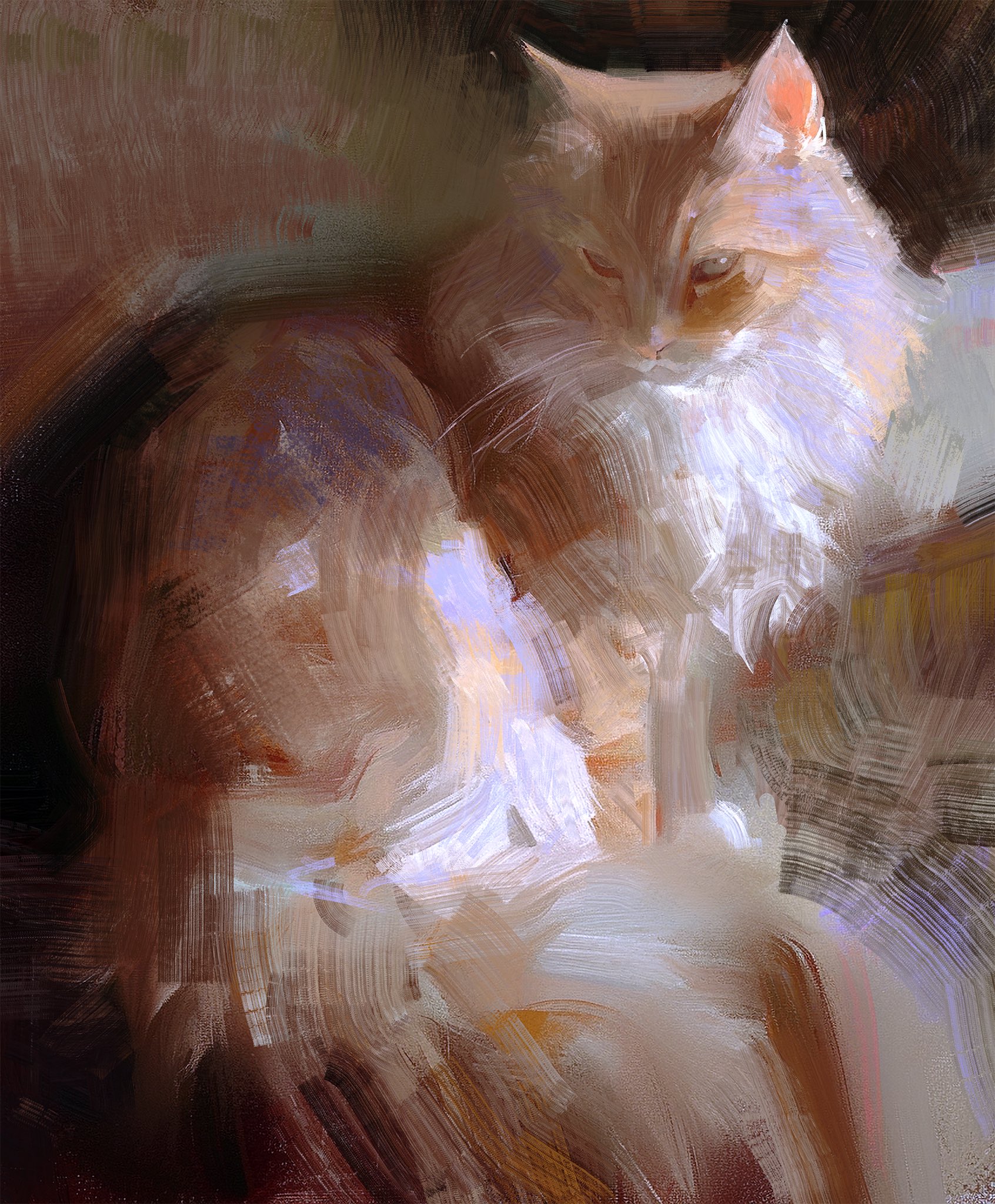 a closeup painting of a fluffy white and orange cat. the cat is sitting with its head tilted down, and its eyes are closed. the fur is painted with soft, brushstrokes, and the background is a blurred blur of brown and white. the painting is very detailed and lifelike, and it captures the cat's soft and fluffy texture.