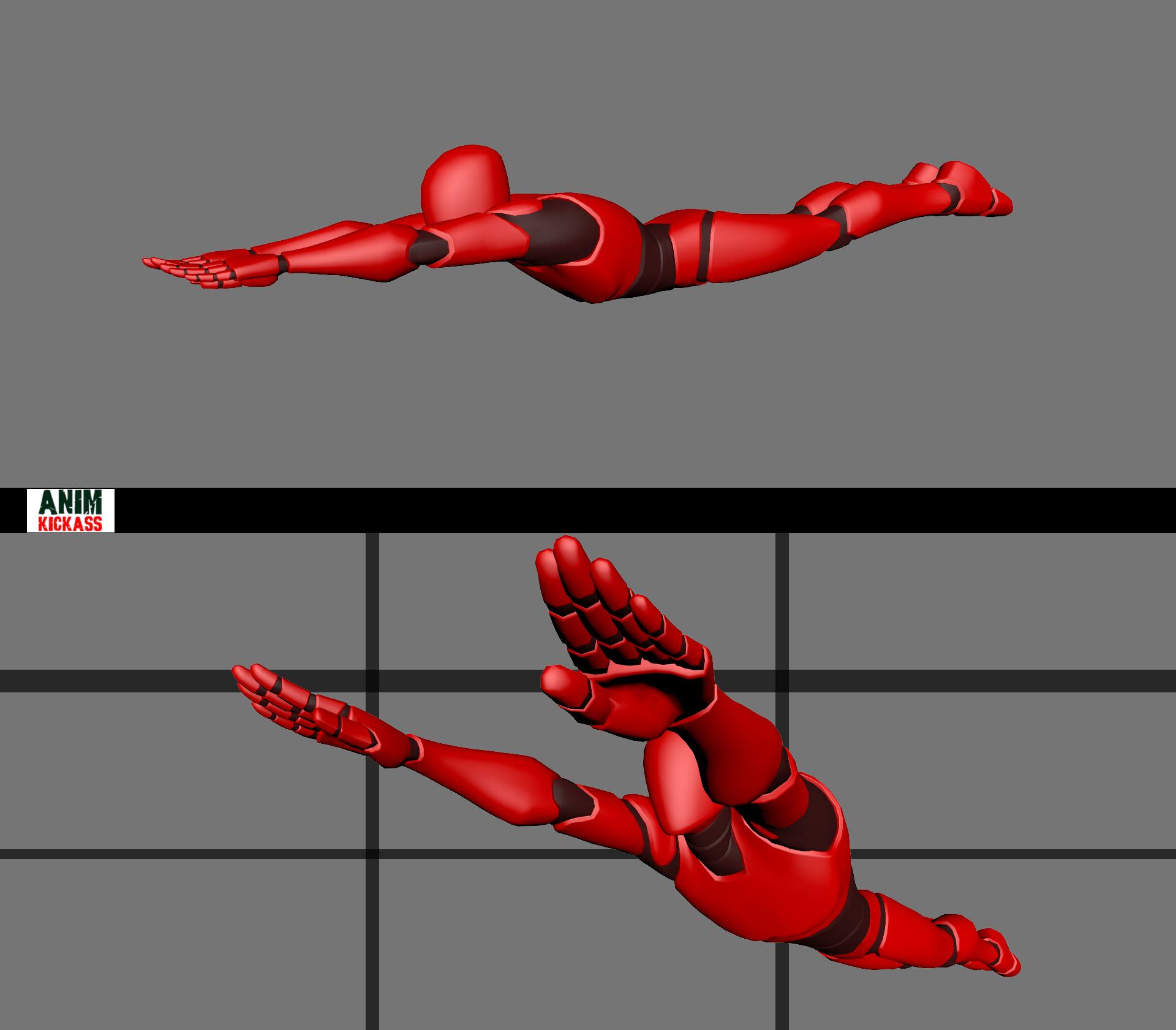the image shows two 3d renderings of a red, humanoid robotic figure in flying poses. the top figure is depicted in a straight, horizontal position with arms outstretched, resembling a flying superhero. the bottom figure is in a similar pose but is positioned lower, suggesting a descending or diving motion. the figures are set against a gray background with grid lines, possibly indicating a virtual or animated environment. the figures appear to be part of an animation sequence.