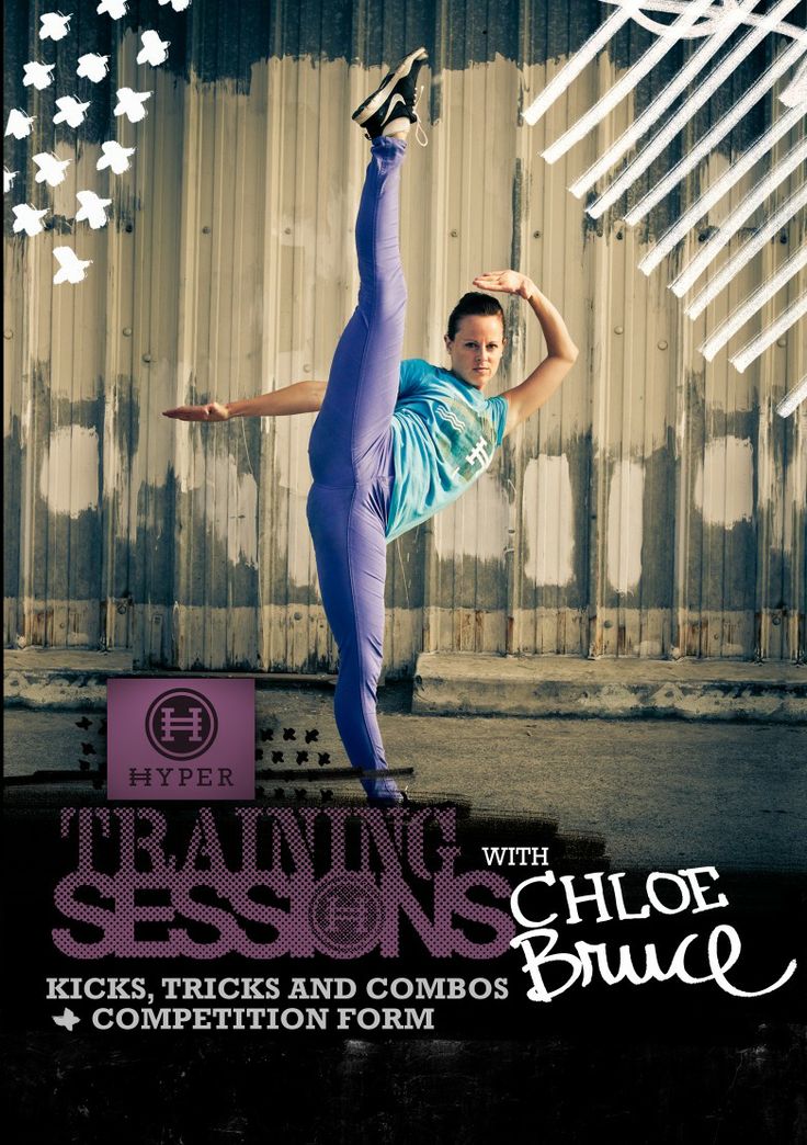 a woman performing a high kick in front of a gray wall. the image is an advertisement for training sessions with chloe bruce, focusing on kicks, tricks, combos, and competition form.