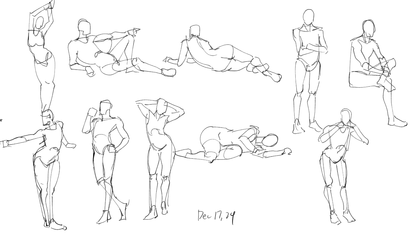 he image contains a collection of quick figure sketches, likely done from a life drawing session.  the style is gestural and emphasizes movement and form rather than precise detail. the sketches vary in pose, with figures standing, sitting, reclining, and in various dynamic actions. the lines are loose and expressive, capturing the essence of the human form rather than photorealism. the date "dec 17, 24" is written in the bottom center, suggesting the date the sketches were created.