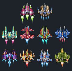 a collection of nine pixel art spaceships in various colors and designs, set against a dark background. they appear to be from a retro arcadestyle video game, likely a shooter game. each spaceship has a distinct design, with different wing shapes, colors, and details. some feature single or double cockpits, while others have more intricate, mechanical details.  the pixel art style and bold colors evoke a sense of nostalgia for classic video games.