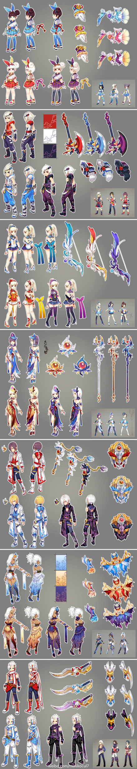 this is a digital illustration of an anime character design. the image is filled with different characters, each in a variety of poses and wearing different outfits. they all have different weapons and accessories. the characters are all drawn in a pixelated style. the illustration appears to be from a video game or a comic book.