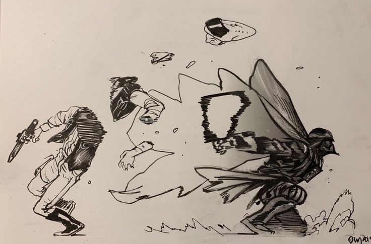 a black and white ink drawing of a star wars scene. han solo is in the foreground, holding a blaster, and running towards darth vader. darth vader is on the right side of the image, running, with his cape billowing behind him. a spaceship is flying in the top right corner of the image. the drawing is done in a comic book style.