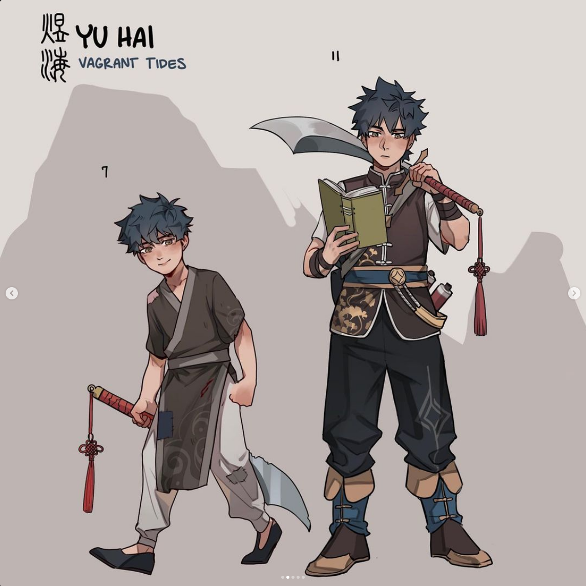 a character design sheet titled "yu hai" and subtitled "vagrant tides". it features two drawings of the same male character, one as a young boy of around 7 years old and the other as a young man of around 17. he has dark blue hair and eyes, and is wearing outfits inspired by ancient chinese clothing in dark blue, brown, and beige with gold accents. both versions of him are holding a large sword with a red tassel. the older version is also carrying a book. the background is a very light warm gray, with a suggestion of mountains in the same color palette behind the characters.