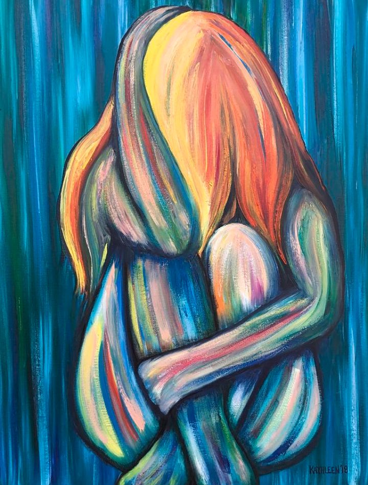 the painting depicts a woman in a crouched position, her arms wrapped around her legs, her head bowed. the use of vibrant colors, including shades of blue, green, yellow, orange, red, and purple, creates a sense of both energy and melancholy. the abstract style and bold brushstrokes emphasize the emotional intensity of the subject. the woman's posture and the overall composition suggest a feeling of vulnerability and sadness, perhaps reflecting themes of isolation, loss, or depression.