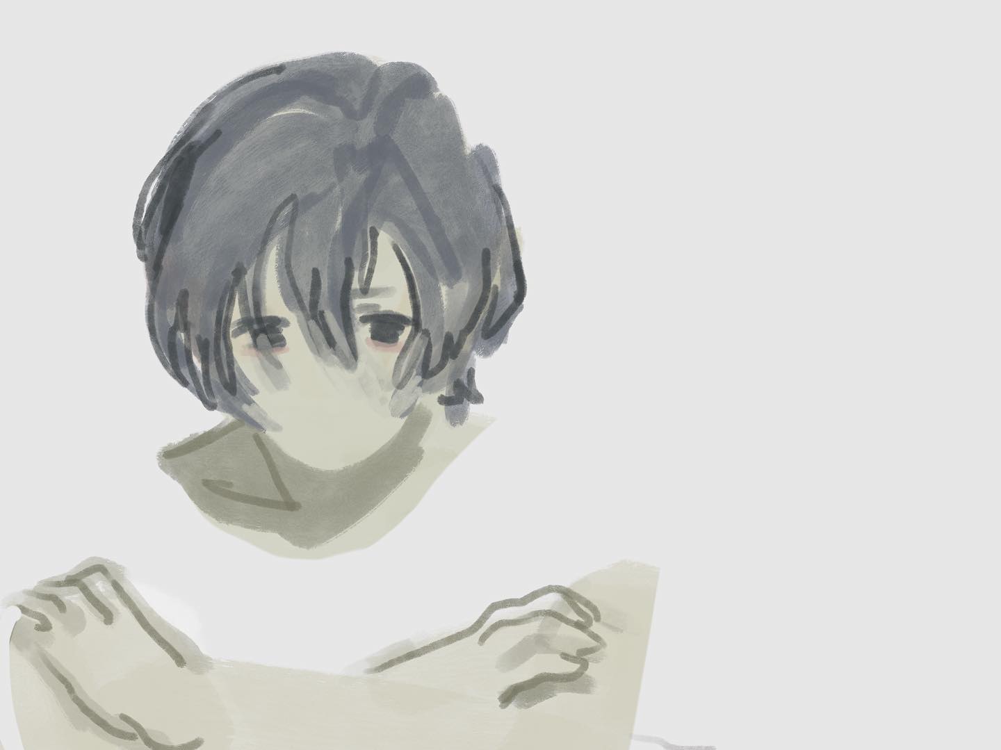 the image is a simple yet evocative grayscale sketch of a young man with short, tousled hair. his head is bowed, and his eyes are hidden from view, conveying a sense of sadness or introspection. his arms are crossed, and his hands are gripping his upper arms, suggesting a feeling of vulnerability or unease. the overall impression is one of quiet contemplation or emotional distress.