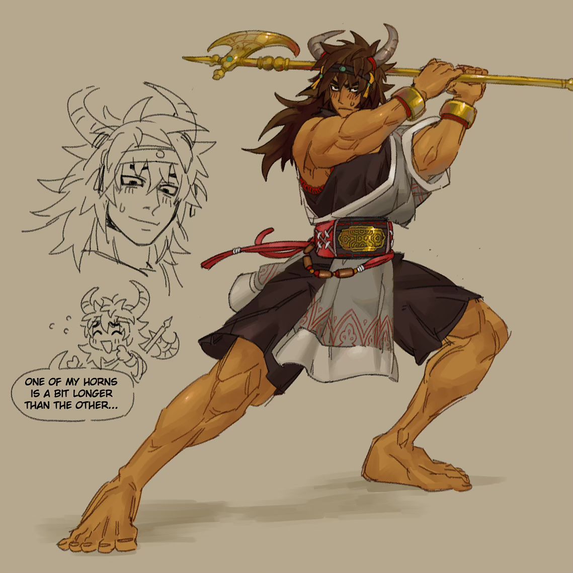 a drawing of a male character who appears to be a warrior. the character is holding a spear and is standing in a fighting pose. the character has horns, a long beard, and is wearing a belt and robe. there are three smaller drawings in the top left corner of the image, showing the character's face and a smaller version of the character. in the bottom left corner of the image there is text that says, "one of my horns is a bit longer than the other."