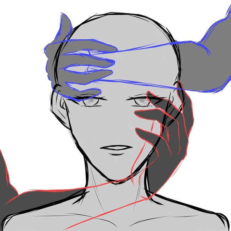 this is a drawing of an anime character. the character's face is obscured by three hands, which are drawn in different styles and colors. the drawing is in the style of a sketch, with lines and shapes used to create the image.
