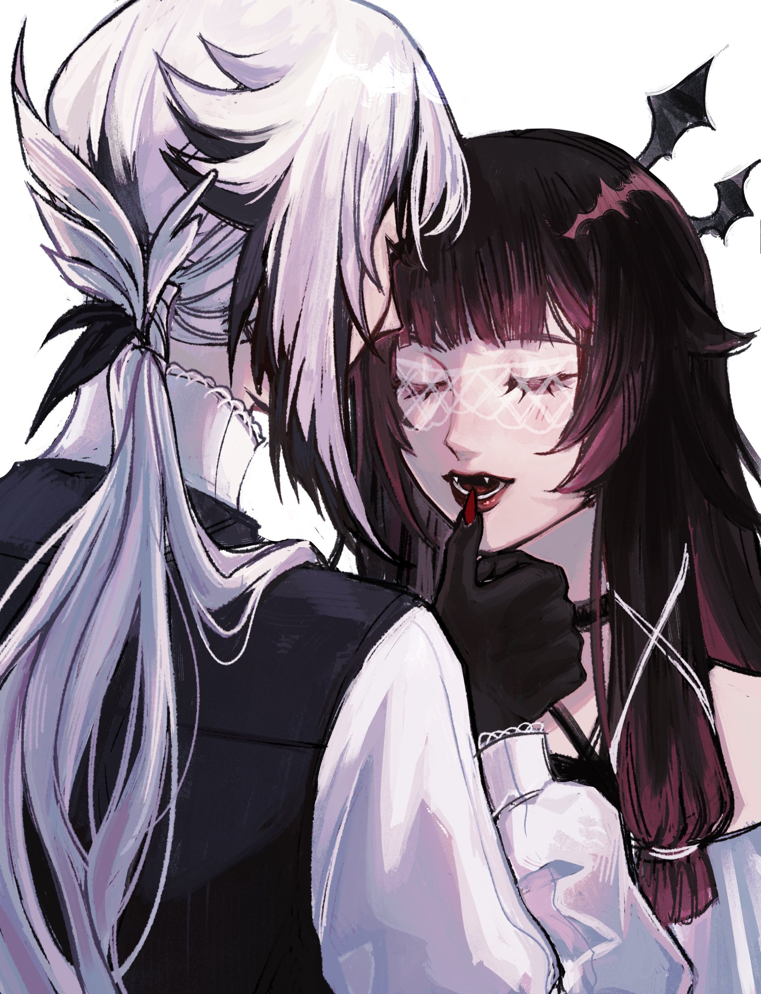 this is an illustration of two anime characters. the character on the left has long white hair and is wearing a dark, elegant outfit with white ruffles. the character on the right has long black hair with a red streak and is wearing a white blouse with a lace pattern. the two characters are kissing, and both of them have their eyes closed. the image is rendered in a soft, dreamy style with a dark and gothic aesthetic.