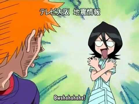 the image shows a screenshot from the anime bleach. it features the two main characters, ichigo kurosaki on the left and rukia kuchiki on the right, against a vibrant green abstract background. ichigo is depicted with an exaggerated surprised expression, while rukia is laughing hysterically with her tongue sticking out. the scene seems to be comedic in nature.  the word "bwahahahaha!" is written at the bottom of the image, emphasizing the laughter.